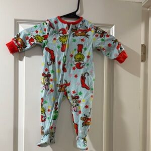 Dr. Seuss infant Grinch Onesie Footie - Baby blue Red and Green Barely Worn